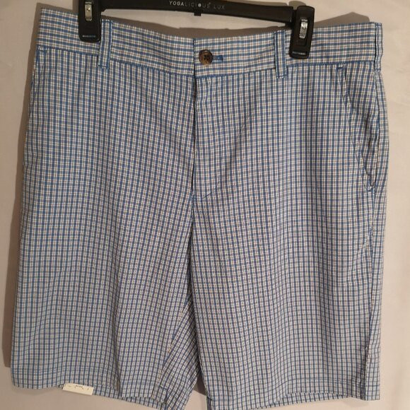 NWT Izod Men's Size 34 Waist Blue & White Checkered Flat Front Shorts - Picture 1 of 4
